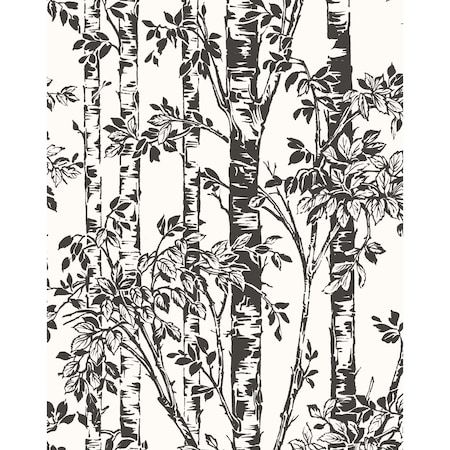 Manhattan Comfort Norwalk, Vinyl Birch Trees And Foilage In Black And White Wallpaper, 205 In X 33 Ft = 56 Sq Ft Norwalk
